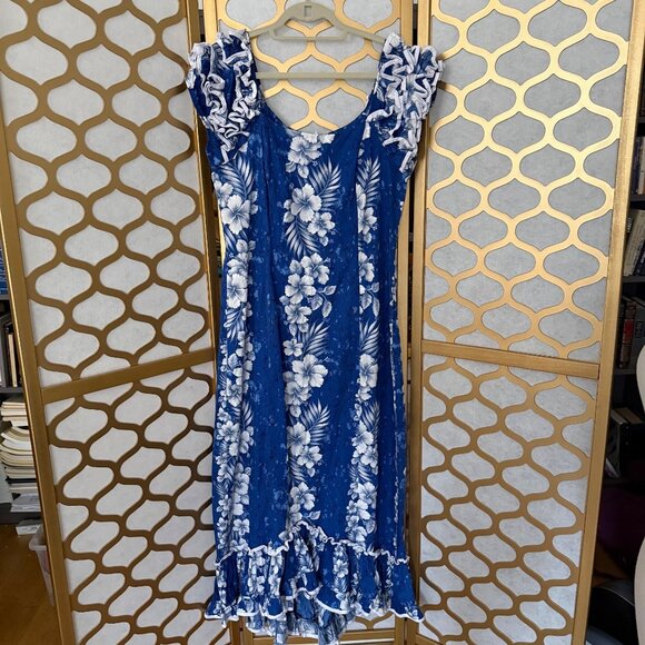 Vintage Hawaiian KY's Hawaii Size L Blue White Hibiscus Floral Ruffle Midi Dress - Picture 2 of 16